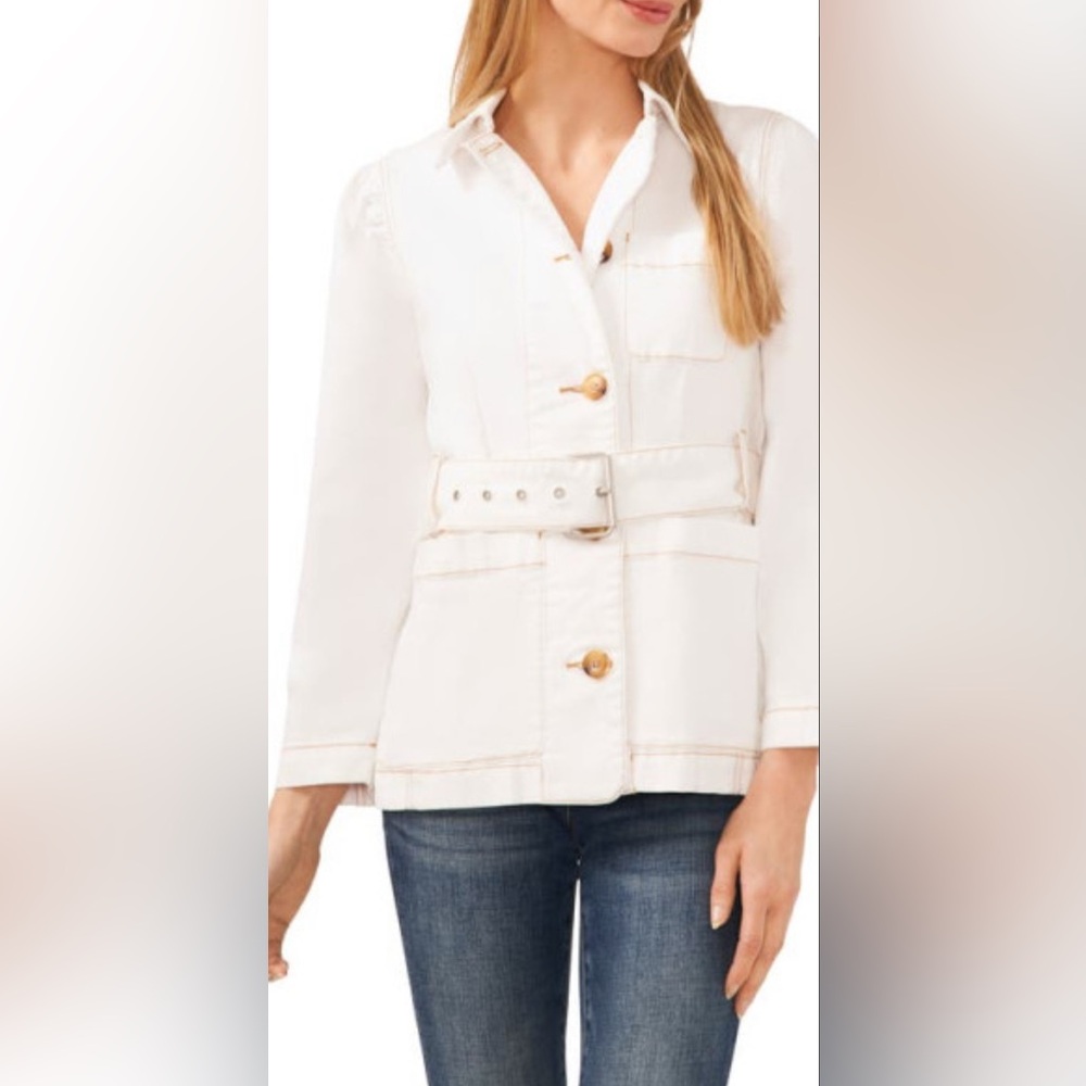 NWT —CeCe Belted White Denim Long Jacket with Collar